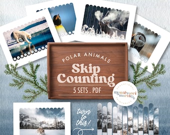 May include: A set of printable skip counting cards featuring polar animals. The cards are designed for use with Montessori marbles and include five sets of cards. The text on the cards reads "Polar Animals Skip Counting 5 Sets. PDF".