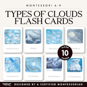 May include: A set of 10 educational flash cards titled Types of Clouds Flash Cards Montessori 6-9. Each card features a watercolour illustration of a specific cloud formation with its name printed below, including Stratocumulus, Stratus, Altocumulus, Altostratus, Cirrocumulus, Cirrostratus, Nimbostratus, and Cumulonimbus.