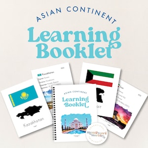 May include: A printable learning booklet for the Asian continent. The booklet features a colorful image of the Taj Mahal and the text "Asian Continent Learning Booklet". The booklet is surrounded by images of flags and maps of different Asian countries, including Kazakhstan, Kuwait, and Iran.