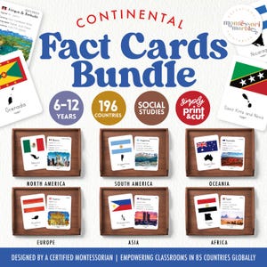 50% OFF Continental Fact Cards com aquarela de marcos | Imprimível inspirado em Montessori | 196 países em 6 continentes