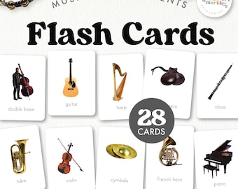 Può includere: Un set di 28 flash card con illustrazioni di diversi strumenti musicali, tra cui un contrabbasso, una chitarra, un'arpa, piatti, una tuba, un violino, un corno francese, un pianoforte e un oboe. Le carte sono bianche con testo nero e sono etichettate con il nome di ogni strumento.