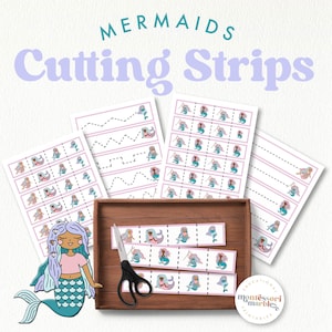May include: Printable mermaid cutting strips activity for kids. The set includes a sheet of mermaids to cut out and a sheet with dashed lines to practice cutting.