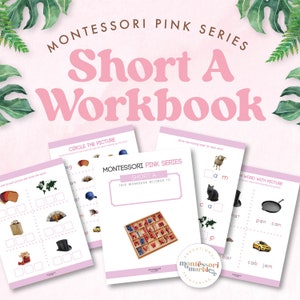 Puede incluir: Un libro de trabajo imprimible rosa y blanco para niños que aprenden el sonido corto "a". El libro de trabajo incluye actividades como rodear imágenes, hacer coincidir palabras con imágenes y completar letras que faltan. La portada presenta el título "Montessori Pink Series Short A Workbook".