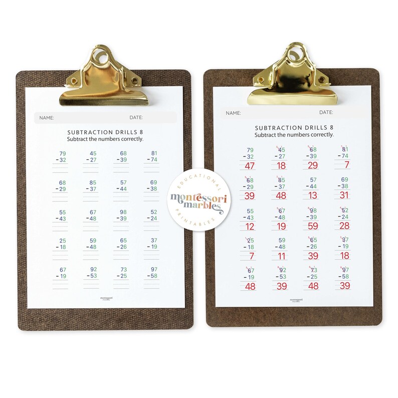Subtraction Worksheets Grade 1-2 | Math Drills Ages 6-8 | Two Digit Regrouping Practice PDF | Montessori Printable image 8