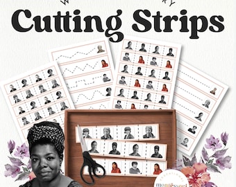 Tiras de corte para el Mes de la Historia de la Mujer (PDF) / Práctica de tijeras (de 2 a 5 años) / Motricidad fina (tema de marzo) / Educación en casa Montessori para niños pequeños en edad preescolar