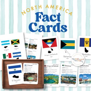 NORTH AMERICA Fact Cards with Watercolor Painting | Montessori Inspired Printable | 23 North American Countries | Montessori Flash Cards