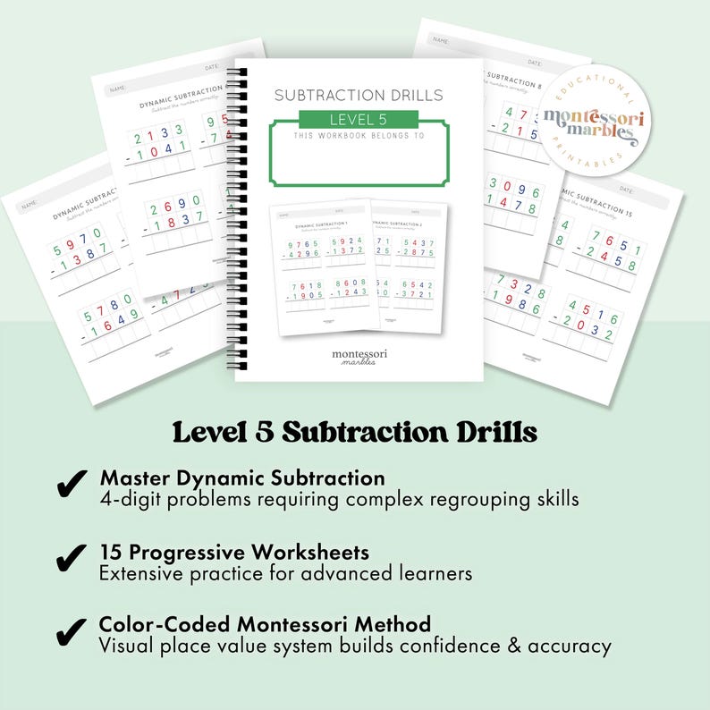 Subtraction Worksheets Grade 4-6 | Math Drills Ages 9-12 | Advanced Four-Digit Mastery PDF | Montessori Printable image 2
