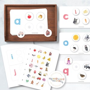 May include: A set of printable Montessori alphabet matching cards featuring colourful letters and images. The cards are designed to help children learn the alphabet and improve their fine motor skills.