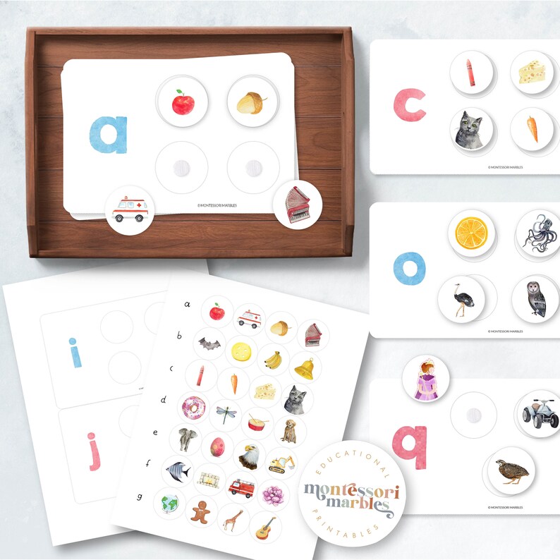 May include: A set of printable Montessori alphabet matching cards featuring colourful letters and images. The cards are designed to help children learn the alphabet and improve their fine motor skills.