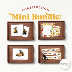 May include: A printable construction mini bundle with images of construction vehicles, including a dump truck, steam roller, and a crane. The bundle includes a matching game, a cutting activity, and a printable with the text "Construction Mini Bundle".