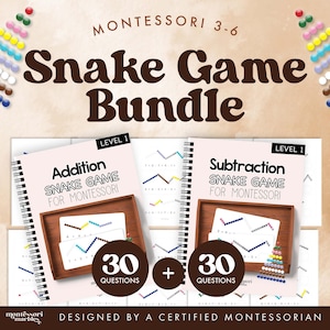Könnte beinhalten: Ein Montessori 3-6 Schlangenspiel-Paket mit zwei spiralgebundenen Arbeitsheften für Addition und Subtraktion. Jedes Cover zeigt den Text Snake Game Bundle, Level 1 und 30 Questions. Das Design enthält Abbildungen bunter Perlen.