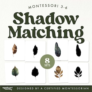 May include: Montessori Shadow Matching game for ages 3-6. The set includes eight sets of leaf images and their corresponding shadows. The design features watercolor illustrations of leaves in various colors and shapes, with the text "Shadow Matching".