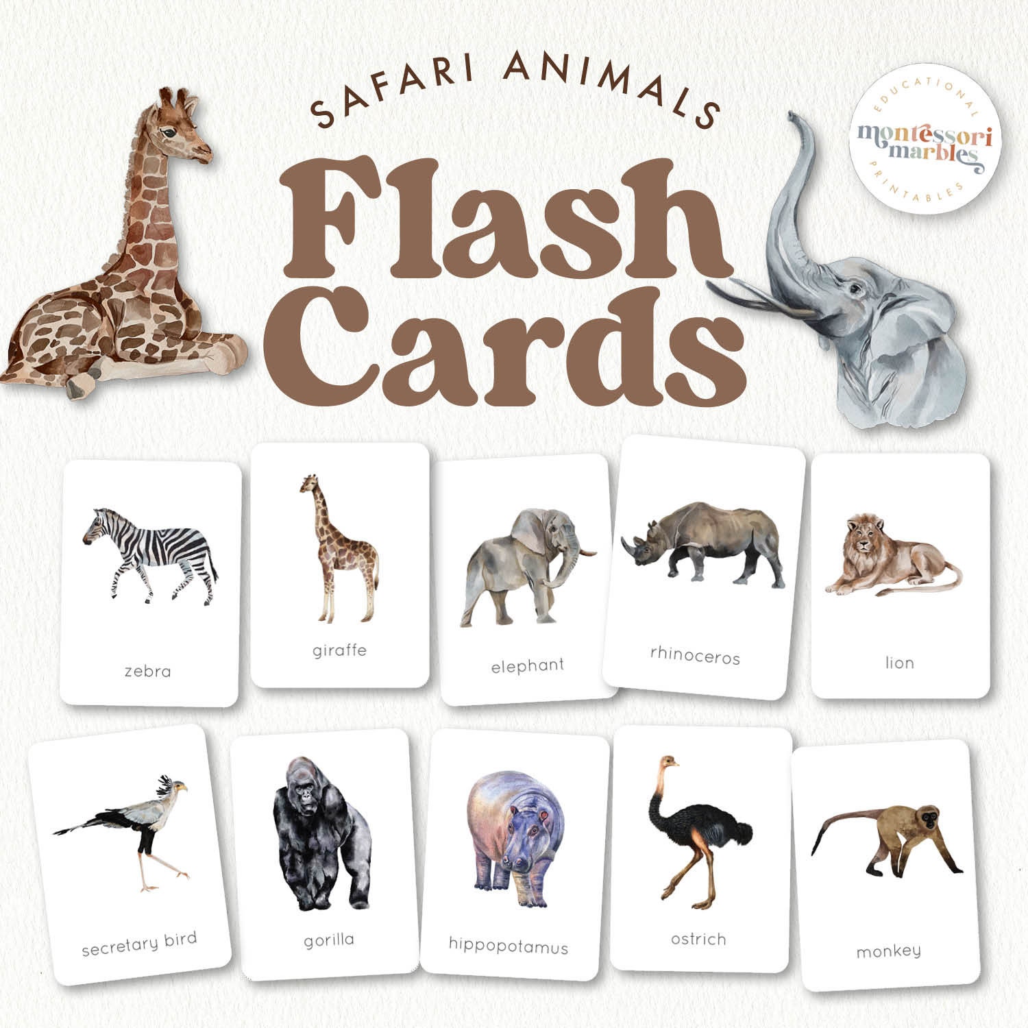 Safari Tiere Flash Karten: Montessori lernen (Digitaler Download)