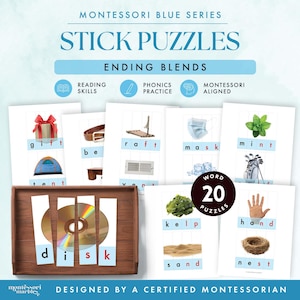 May include: Montessori Blue Series Stick Puzzles for ending blends, featuring 20 word puzzles on white cards with images and letters. A wooden tray holds a puzzle of a disk. Cards show items like a gift, raft, mask, mint, kelp, sand, hand, and nest.