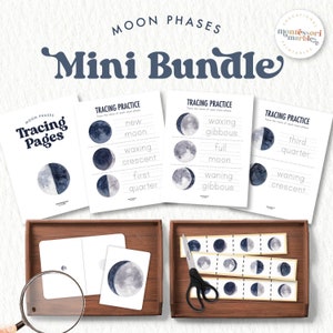 May include: A printable moon phases tracing activity set for children. The set includes tracing pages, a moon phases sequence, and a title card that says "Moon Phases Mini Bundle".