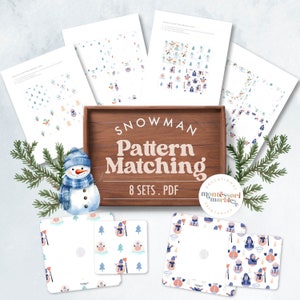May include: Printable snowman pattern matching activity for kids. Eight sets of cards feature different winter patterns with snowmen, trees, and snowflakes. The cards are designed for use with Montessori methods.