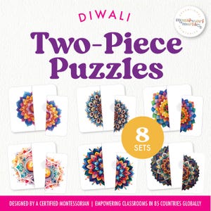 May include: Eight sets of two-piece puzzles featuring colorful mandalas with intricate designs. The puzzles are designed for children to learn about Diwali, a Hindu festival of lights.