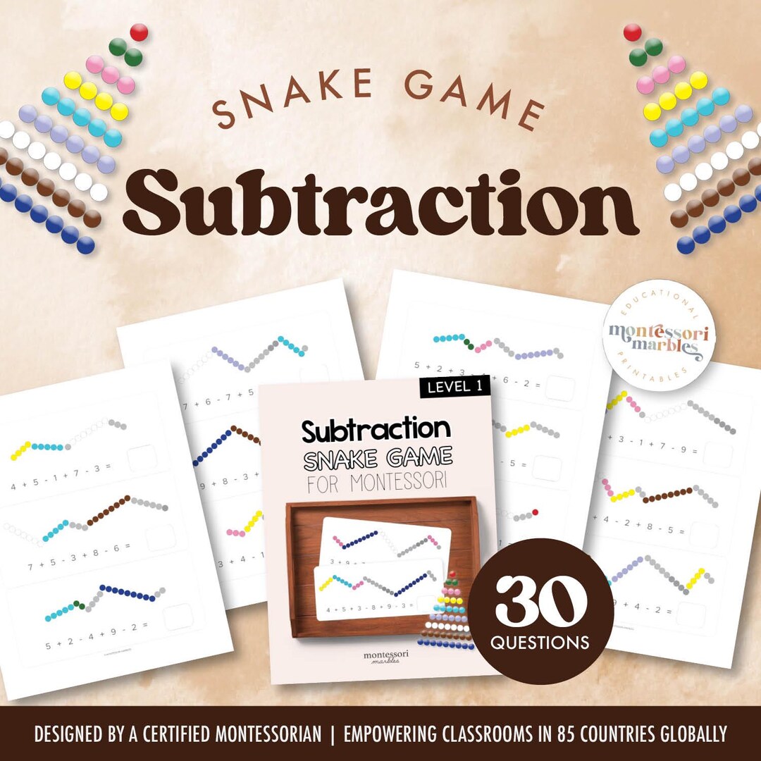 Snake Game Subtraction Workbook | 30 Problems Montessori Bead Bar Math ...