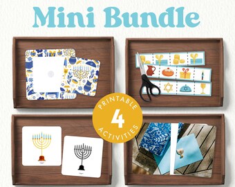 May include: A Hanukkah Mini Bundle with four printable activities. The image shows four wooden trays with various Hanukkah-themed items, including menorahs, dreidels, and decorative patterns. The text "Hanukkah Mini Bundle" is displayed in blue.