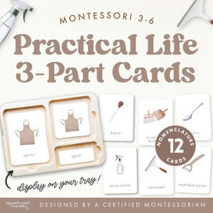 Może przedstawiać: Zestaw edukacyjny Montessori "Karty 3-częściowe Życia Praktycznego" dla dzieci w wieku 3-6 lat. Zestaw zawiera karty z ilustracjami przedmiotów codziennego użytku, takich jak fartuch, butelka z rozpylaczem i obieraczka do warzyw. Karty są wyświetlane na drewnianej tacy.