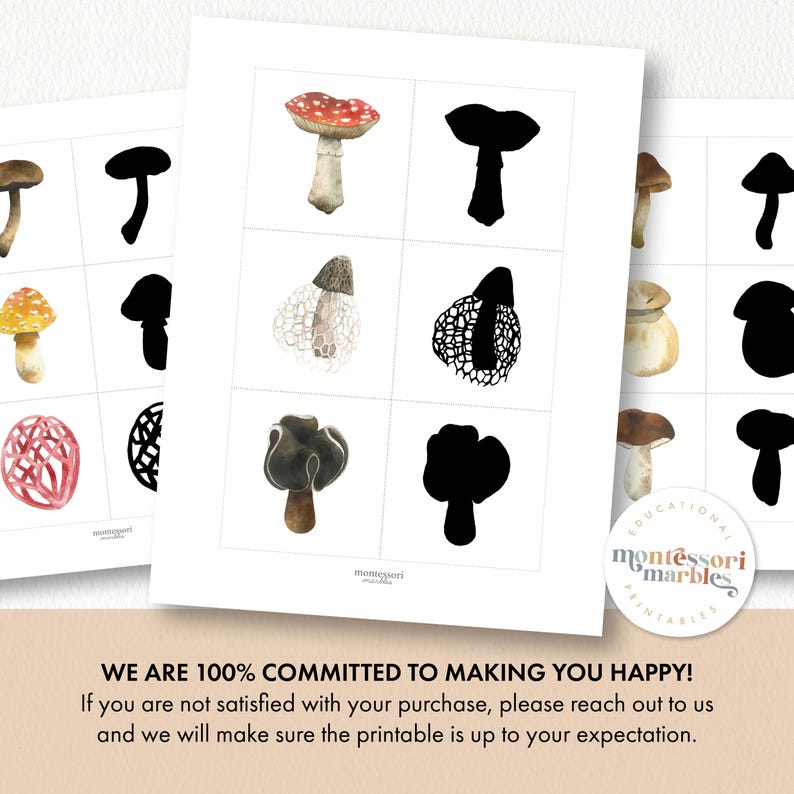May include: A printable Montessori matching game featuring various types of mushrooms. The game includes 12 cards with images of mushrooms and their corresponding silhouettes.