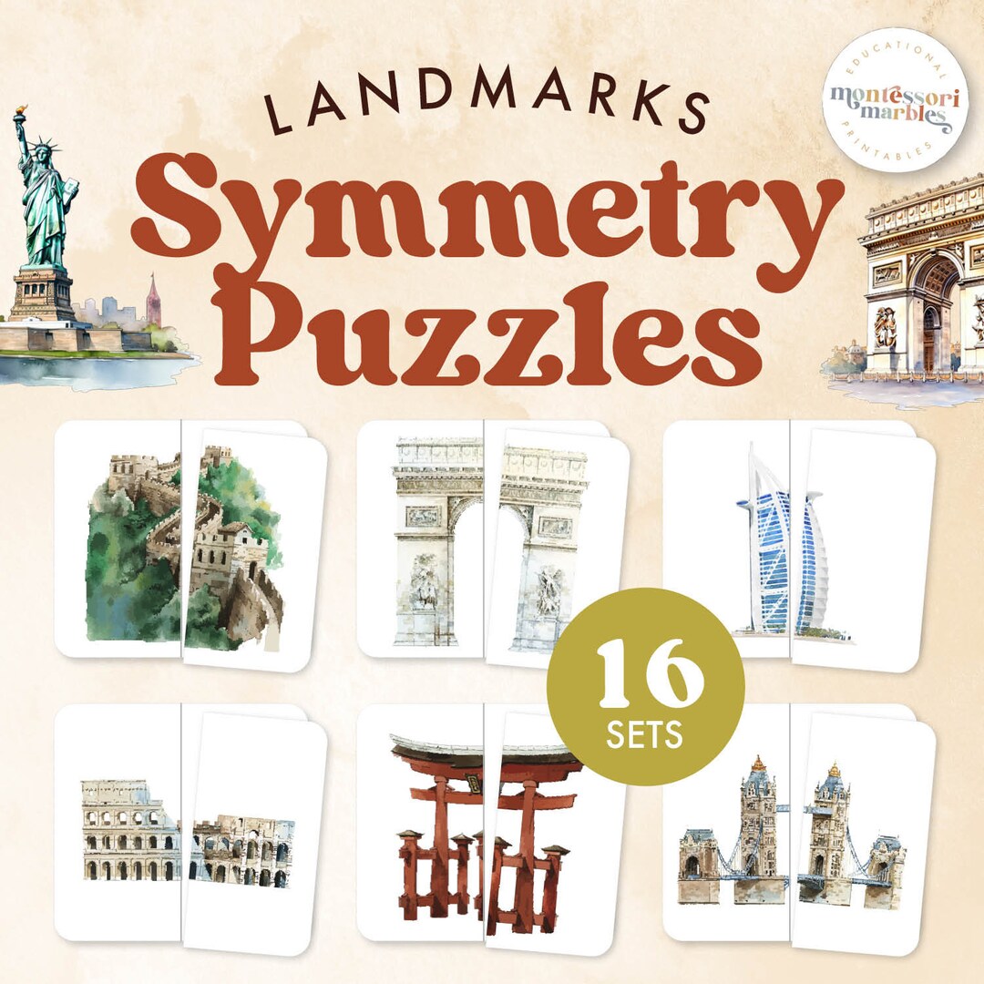 LANDMARKS Symmetry Puzzles, Printable Worksheet Activity, Visual ...