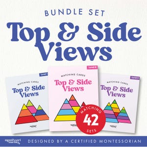 Puede incluir: Juego de tarjetas de correspondencia "Top & Side Views". Las tarjetas son blancas, rosas y blancas, con diseños geométricos coloridos. El juego incluye 42 juegos y está diseñado por un Montessorian certificado.