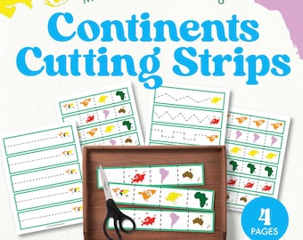 Continents Cutting Strips Ages 2-5 | Scissors Practice Activities 4 Pages | Fine Motor Skills Development