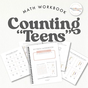 Può includere: Un quaderno di lavoro di matematica stampabile per bambini per imparare a contare i numeri "teens". Il quaderno ha una copertina con il titolo "Il mio quaderno di lavoro di matematica Teens" e include attività come abbinare i numeri alle immagini, tracciare i numeri e identificare il numero più grande.