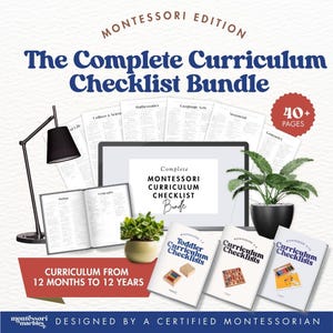 May include: The Complete Curriculum Checklist Bundle, a Montessori Edition, features checklists and educational materials. Includes a digital tablet, open books, and printed checklists. The image also includes a plant and a desk lamp.