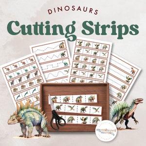 May include: A set of printable dinosaur cutting strips for kids. The strips feature different dinosaurs in various colors and poses. The printable sheets include lines for cutting practice and a title that reads "Dinosaurs Cutting Strips".