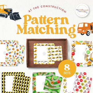May include: Eight sets of construction themed pattern matching cards. Each card has a white frame with a different construction pattern around the edge. The patterns include construction workers, trucks, cones, and stop signs. The text "Pattern Matching" is in large yellow letters at the top of the image. The text "8 Sets" is in a yellow circle at the bottom of the image.