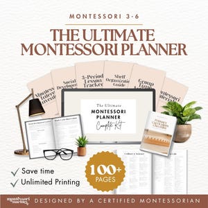 Planificador para maestros Montessori, preparación del aula para el regreso a clases, listas de verificación del currículo de primaria (3.º a 6.º grado), planificación de lecciones, registro de datos (PDF).