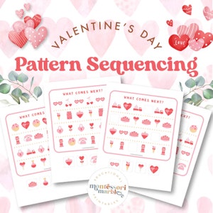 May include: Valentine's Day themed printable pattern sequencing activity for kids. Three cards with different patterns of hearts, gifts, ice cream cones, and other Valentine's Day themed images. The cards have the text "What comes next?" and are designed to help children learn about patterns.
