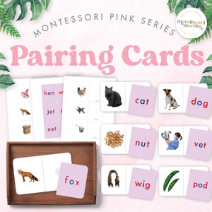 SERIE MONTESSORI PINK Tarjetas de emparejamiento/etiquetado, lectura temprana, alfabetización temprana, palabras cvc, ortografía para jardín de infantes, Montessori en casa