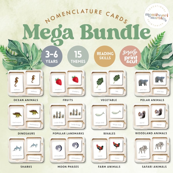 70% OFF!! BUNDLE Montessori Nomenclature Cards | Three-Part Cards | Bundle Pack for Montessori Primary Classroom | 15 Various Themes