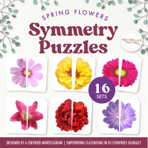 Bijpassende puzzel BLOEMEN symmetrie | Montessori-geïnspireerde visuele vaardigheidsactiviteit voor peuters | Lenteafdrukbaar voor kleuters