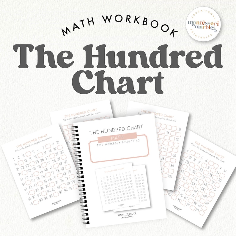 May include: A black and white printable workbook with the title "The Hundred Chart" and the words "Math Workbook" at the top. The workbook includes several hundred charts with numbers 1-100.