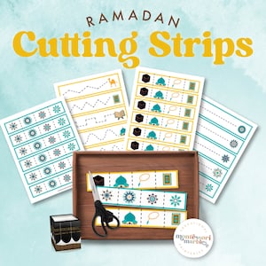 May include: Educational Montessori printable activity sheets for Ramadan. The sheets feature cutting strips with Islamic-themed illustrations, including a Kaaba, mosque, and prayer beads. The text "Ramadan Cutting Strips" is displayed in yellow.