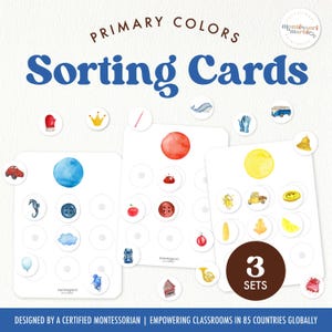 Tarjetas de clasificación de COLORES PRIMARIOS, actividades inspiradas en Montessori, imprimibles para preescolar