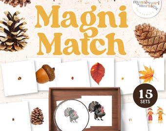 Juego Magni-Match de otoño / Actividad de naturaleza otoñal / Tarjetas Montessori de emparejamiento estacional