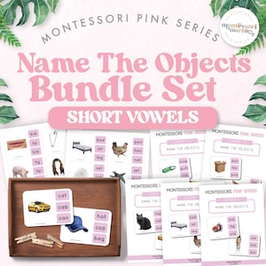 PAKIET Montessori Pink Series | Nazywanie obiektów krótkie A, E, I, O, U | Krótkie samogłoski | Słowa CVC | Karty klipsowe | Nauka czytania