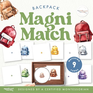 May include: An educational game featuring watercolor illustrations of backpacks in various colors. The game, titled "Magni Match," includes nine matching cards and is designed by a certified Montessorian. The image showcases the game's components.