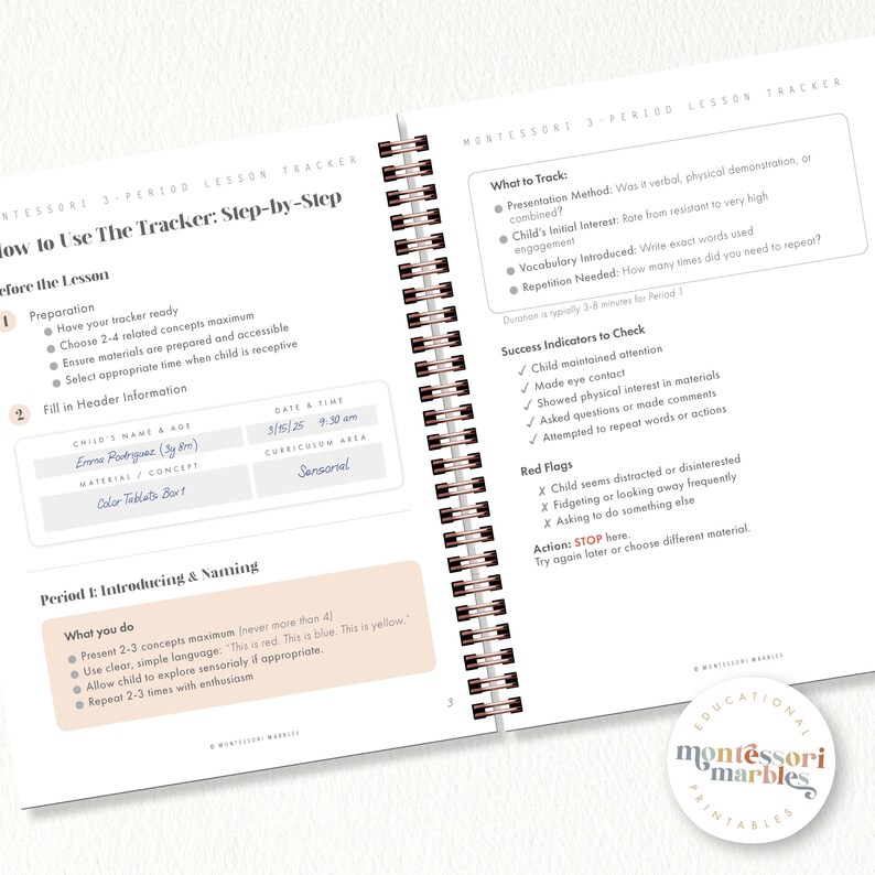 May include: Open spiral-bound notebook with a lesson tracker layout. The pages feature text and bullet points detailing steps for a Montessori lesson, including preparation, introducing concepts, and tracking student engagement. The notebook has a copper-colored spiral binding.