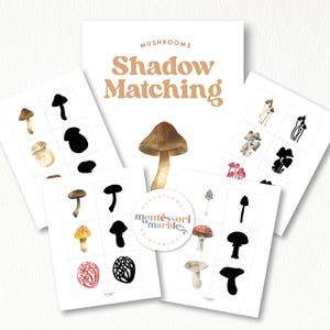 May include: A set of printable mushroom shadow matching cards. The cards feature illustrations of different types of mushrooms, including brown, red, and white mushrooms. The cards are labeled "Mushrooms Shadow Matching" and "Educational Montessori Printables".