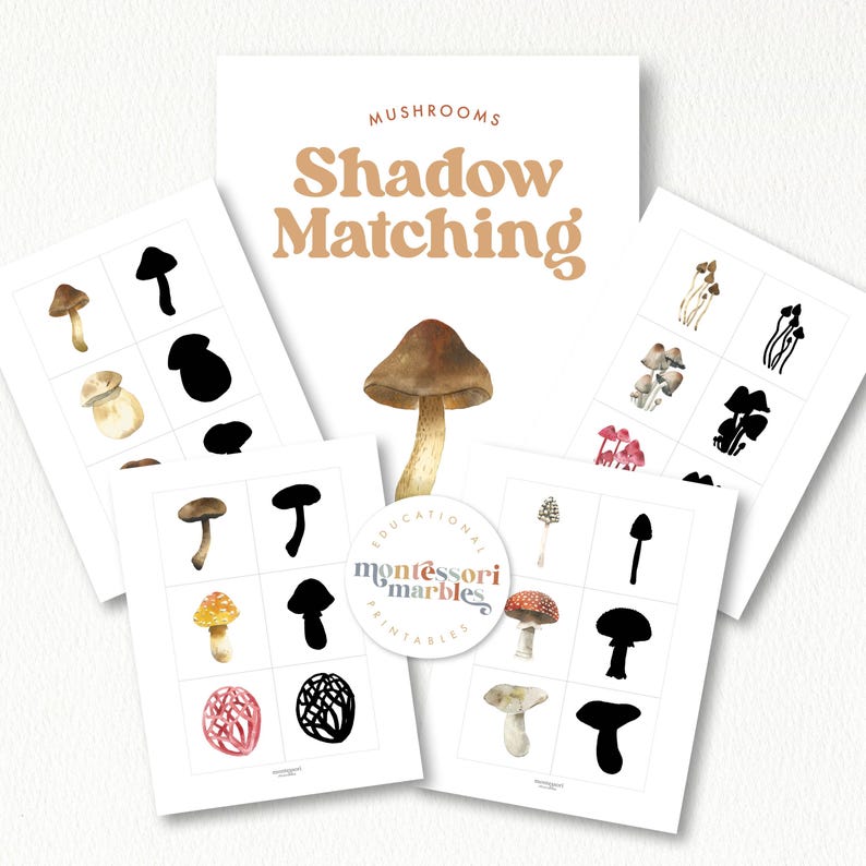 May include: A set of printable mushroom shadow matching cards. The cards feature illustrations of different types of mushrooms, including brown, red, and white mushrooms. The cards are labeled "Mushrooms Shadow Matching" and "Educational Montessori Printables".