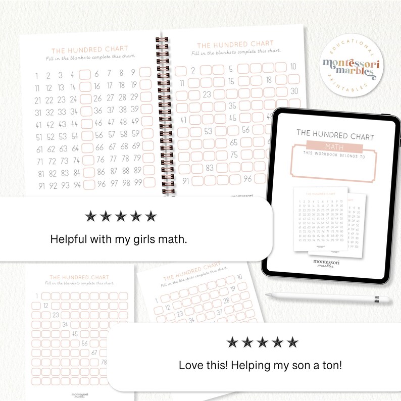 May include: A printable hundred chart worksheet for kids learning math. The worksheet has a pink and white color scheme and the text "THE HUNDRED CHART MATH" at the top.