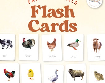 May include: A set of 10 watercolor illustrated flash cards featuring farm animals. The cards are white with a black border and feature a different farm animal on each card. The animals include a cow, turkey, chicken, duck, sheep, rooster, chick, goose, ram, and quail.