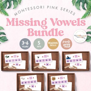 LOT de cartes de voyelles manquantes de la série rose Montessori pour les petits A, E, I, O, U, apprendre à lire d'âge préscolaire, maternelle, imprimables