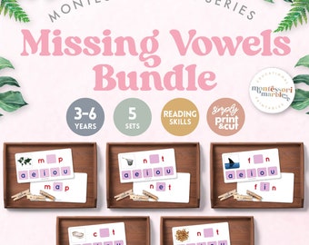 May include: A set of five Montessori-style missing vowel cards for children aged 3-6. Each card features a picture, the letters of the word, and the missing vowel. The cards are designed to help children learn to read and spell. The cards are printed on white cardstock and are ready to be cut out and used.